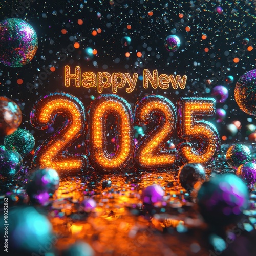 Vibrant festive 2025 New Year celebration design with sparkling lights and colorful balloons