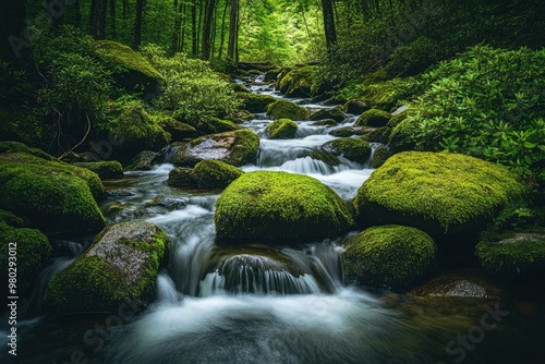 Smoky Mountain stream with mossy rocks with generative ai