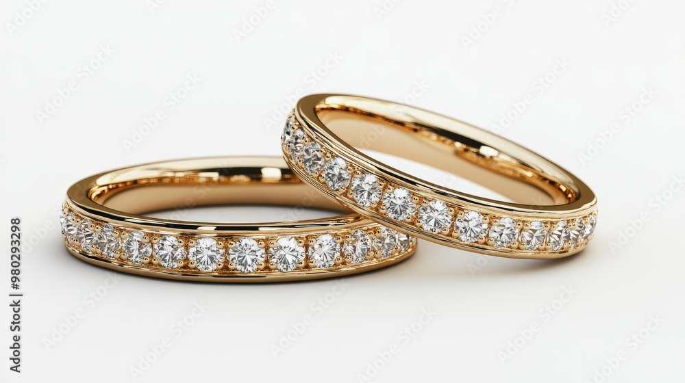 Gleaming gold rings with sparkling diamonds on a white background, perfect for wedding promotions with copy space. Gleaming gold rings with sparkling diamonds on a white background, perfect for wedding promotions with copy space.