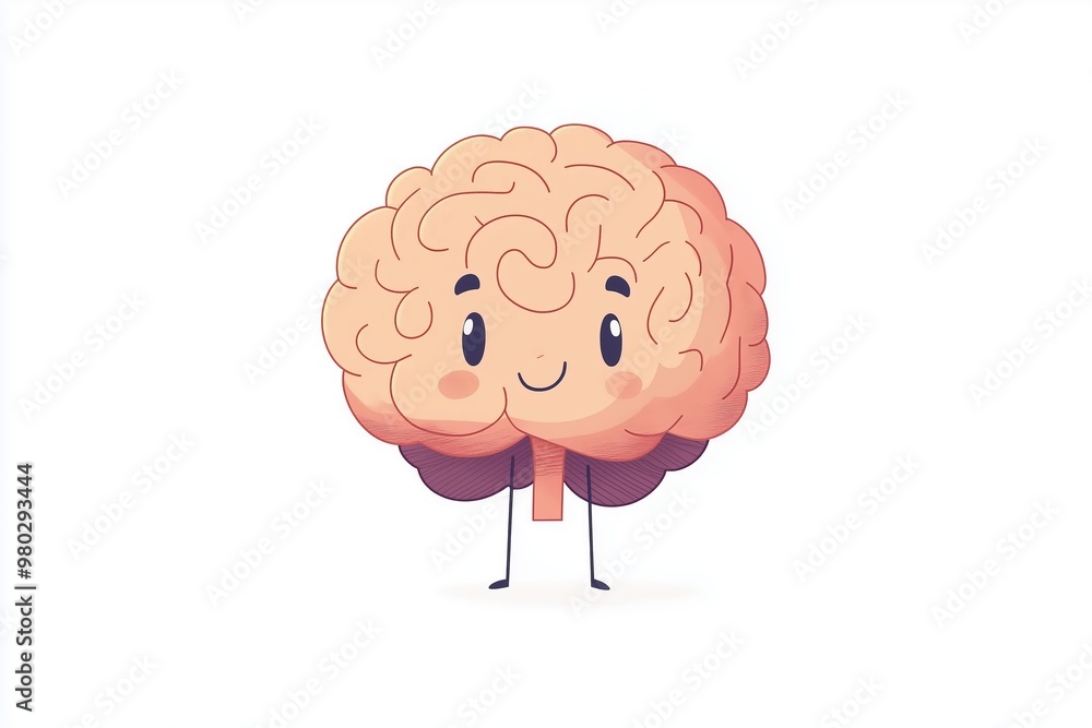 A cartoon brain with a happy face stands on a white background A cartoon brain with a happy face stands on a white background