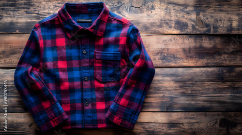 Red and blue plaid flannel shirt on wood background.