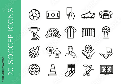 Soccer icons. Set of 20 soccer trendy minimal icons. Ball, Field, Red Card, Trophy, Goalkeeper, Flaming Ball icon. Design signs for web page, mobile app, packaging design. Vector illustration