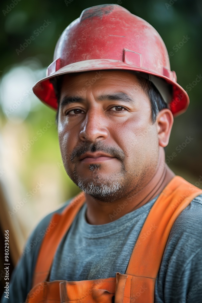A hispanic construction worker in a red hard hat and orange overalls looks directly at the camera A hispanic construction worker in a red hard hat and orange overalls looks directly at the camera