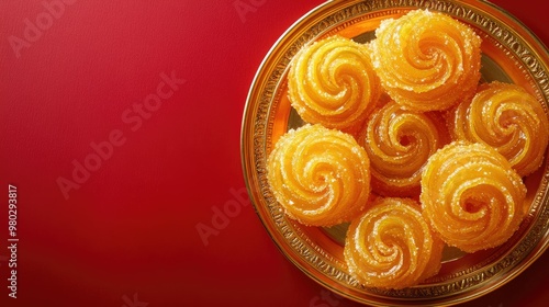 Golden syrupy jalebis on a vibrant red background with ample copy space for celebratory messages. photo