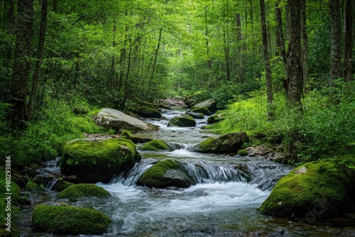 Smoky Mountain stream with mossy rocks with generative ai