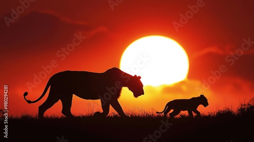 Silhouette of a lion and cub walking in front of a setting sun.