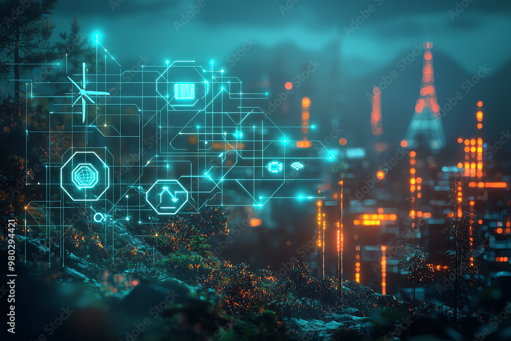 Obraz premium A futuristic cityscape illuminated with digital icons, representing technology, energy, and innovation in a modern landscape.