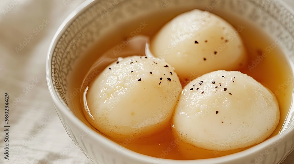 Mouth-watering close-up of a rasgulla soaked in syrup with copy space, ideal for dessert promotions. Mouth-watering close-up of a rasgulla soaked in syrup with copy space, ideal for dessert promotions.