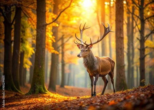 Majestic reindeer confidently strides through a serene autumnal forest, surrounded by vibrant fallen leaves, amidst a warm golden light, evoking a sense of tranquility and wonder.