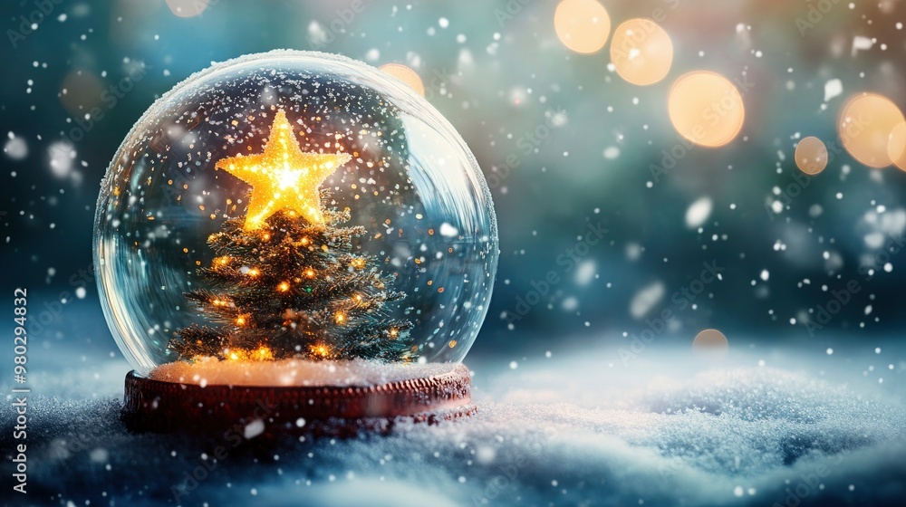 Snow Globe With Christmas Tree And Star Made Of Lights And Soft Falling Snow Background - Christmas Concept with generative ai Snow Globe With Christmas Tree And Star Made Of Lights And Soft Falling Snow Background - Christmas Concept with generative ai