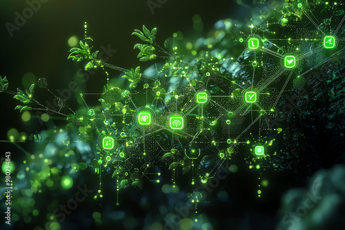 A vibrant green network symbolizing technology intertwined with nature, showcasing connectivity and growth in a digital era. photo