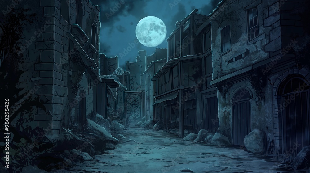 Obraz premium haunted halloween night by anime style in abandoned town
