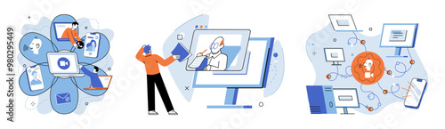 Online video meeting. Vector illustration. The network international connections thrives through online interactions The internet enables seamless communication and collaboration in remote settings