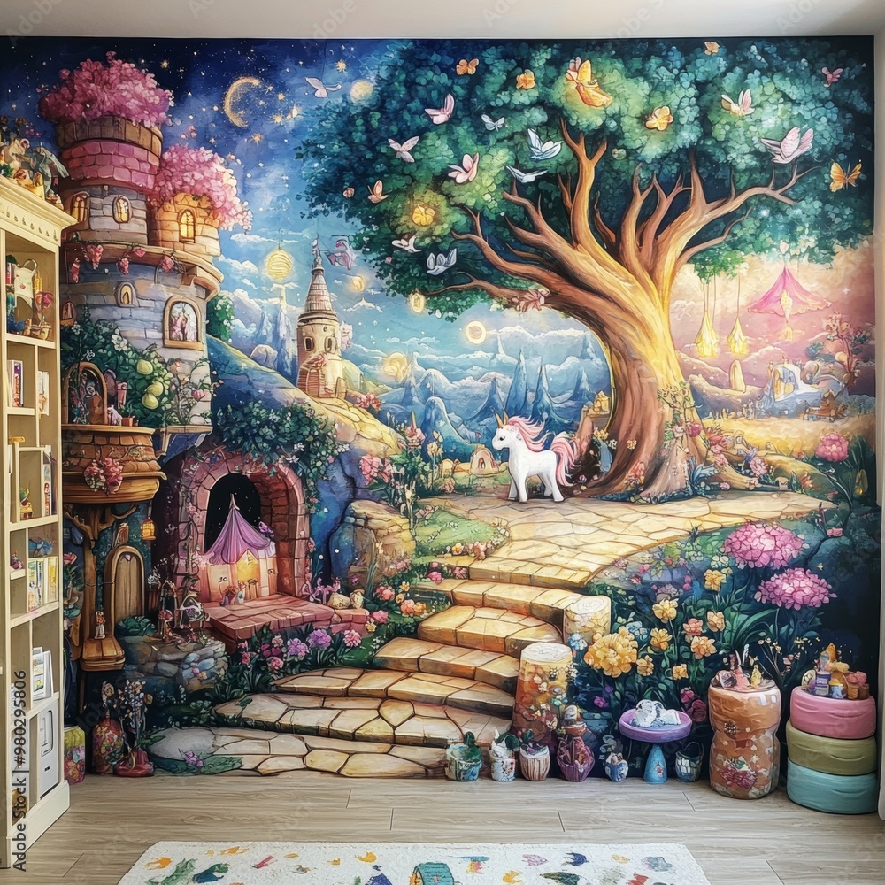 Fototapeta premium Magical Fantasy Mural with Unicorn Castle and Tree for Kids Room Decor