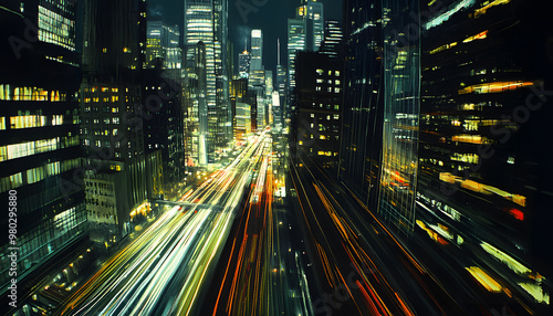 A bustling city at night, with skyscrapers illuminated and traffic creating streaks of light