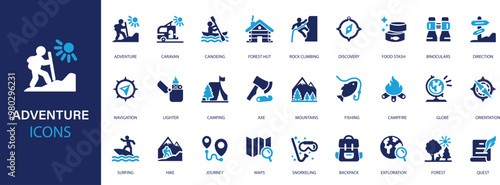 Adventure flat icons set. Lifestyle, hike, risk, diving, running, jumping icons and more signs. Flat icon collection.