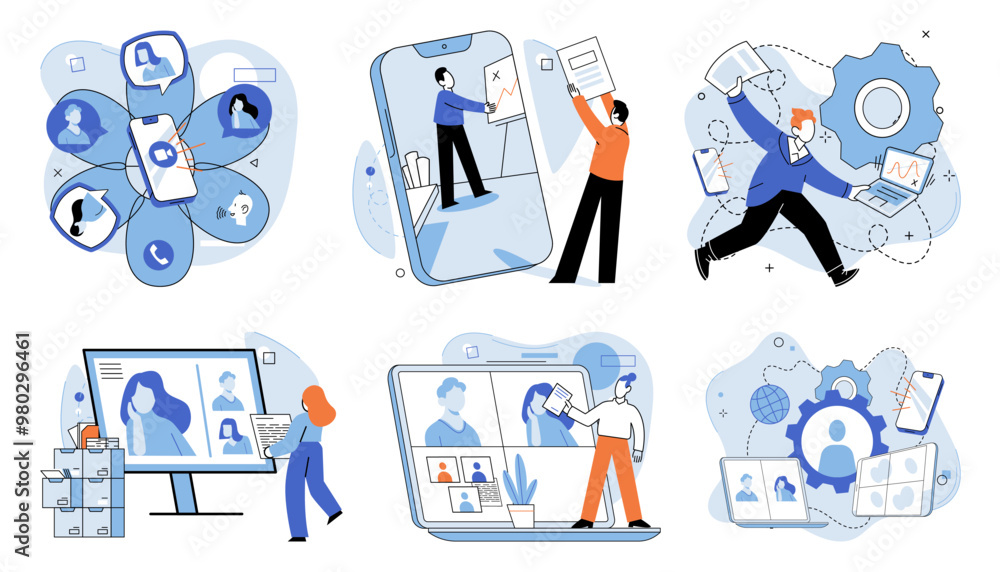 Fototapeta premium Online video meeting. Vector illustration. Cyberspace serves as backdrop for meaningful connections in virtual meetings The connection between participants is established through online video meetings