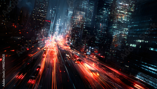 A bustling city at night, with skyscrapers illuminated and traffic creating streaks of light