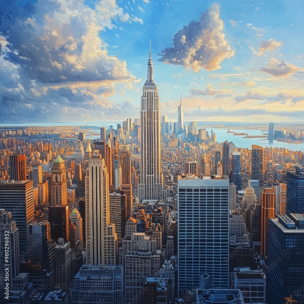 Fototapeta premium Cityscape with Skyscrapers Clouds and River