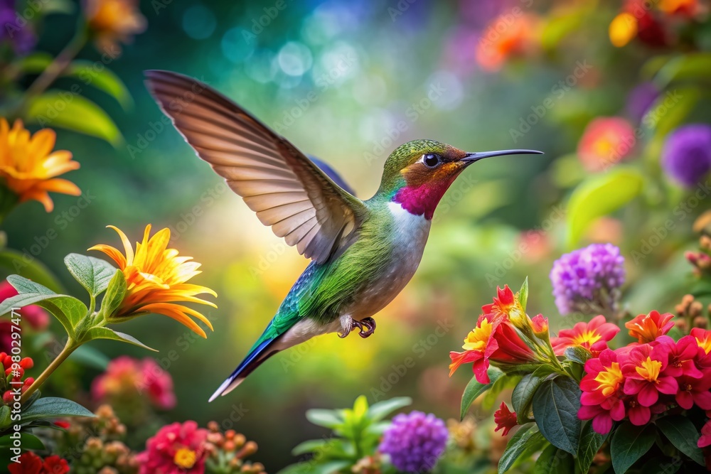 Fototapeta premium Vibrant hummingbird hovers amidst a kaleidoscope of colorful flowers, lush greenery, and delicate tendrils in a serene and intimate tropical garden oasis setting.