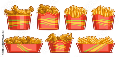 Vector Fast Food Set, collection of cut out illustrations variety fried chicken and french fries in carton pockets, group of chicken and potatoes pieces for fast food cafe menu on white background