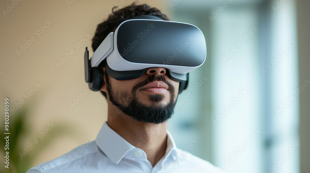 A man explores immersive virtual reality with a headset, showcasing modern technology and innovation in digital experiences. A man explores immersive virtual reality with a headset, showcasing modern technology and innovation in digital experiences.
