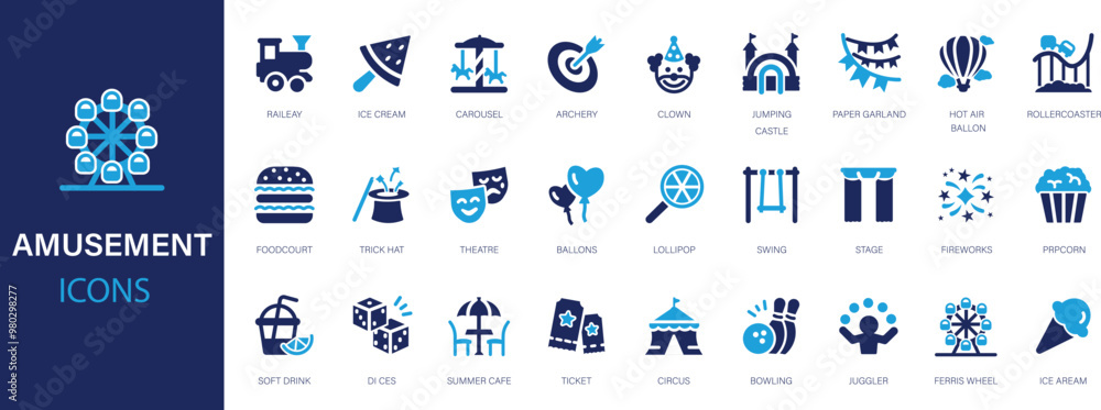Fototapeta premium Amusement flat icons set. Park, entertainment, recreation, children, games, fun, carousels icons and more signs. 