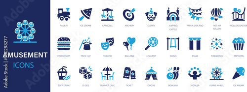 Amusement flat icons set. Park, entertainment, recreation, children, games, fun, carousels icons and more signs. 
