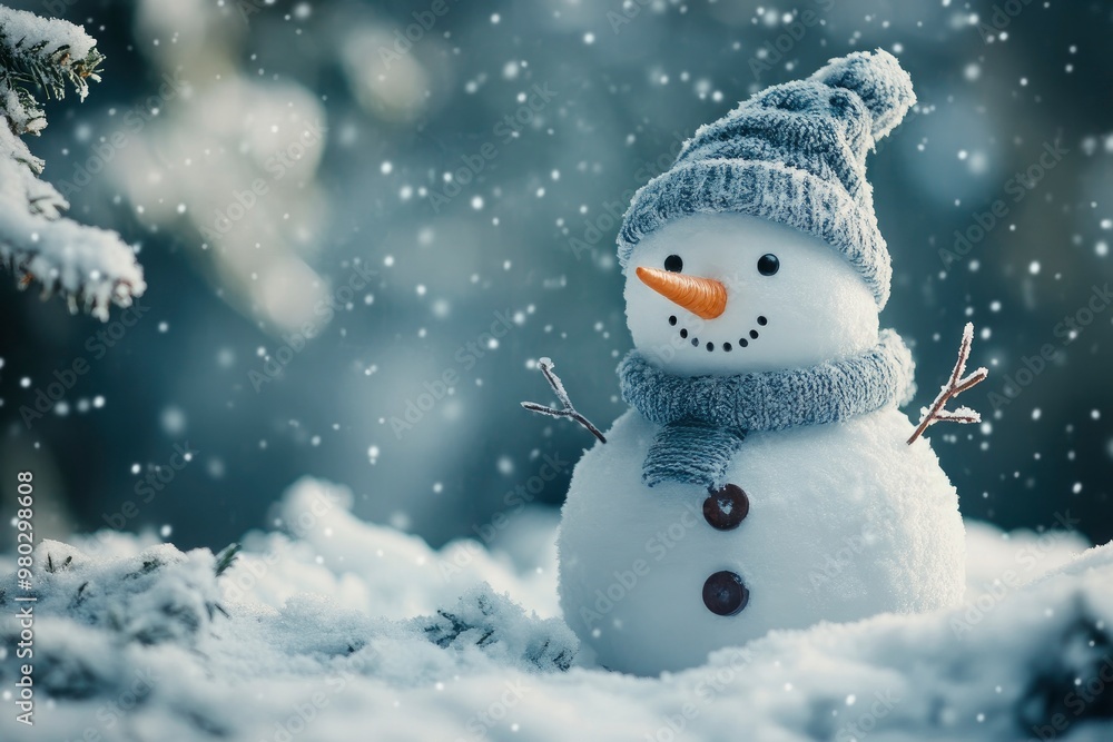 Fototapeta premium Snowman In Snowy Winter Wonderland with generative ai