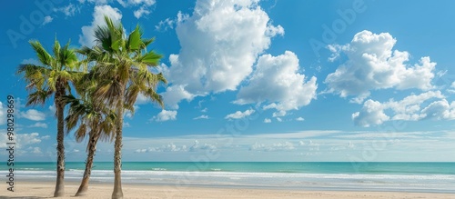 Palm Trees On The Beach With Blue Sky With Clouds