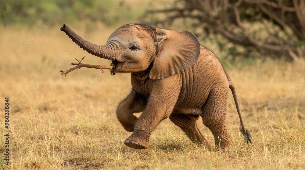 Obraz premium A baby elephant trying to use its trunk to pick up a stick, playfully learning how to use its new tool.