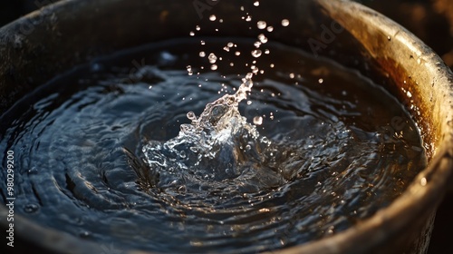 A bucket splashing into the water at the bottom of a deep well, sending ripples across the surface.