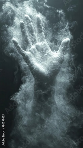 ethereal scene of outstretched hand emerging from swirling mist symbolic of divine guidance or spiritual awakening