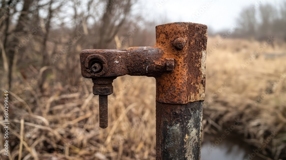 A close-up of a rusty old crank attached to a well, showing signs of long-term use and wear. A close-up of a rusty old crank attached to a well, showing signs of long-term use and wear.
