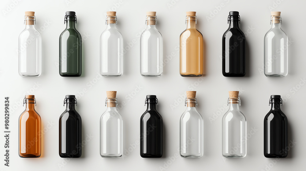 A collection of glass bottles in various colors and sizes arranged in rows A collection of glass bottles in various colors and sizes arranged in rows
