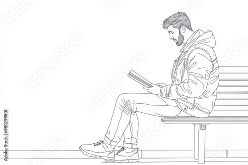 Intuitive one line drawing of young man sitting in front of huge books reading and studying. Education concept. Single line drawing design modern graphic illustration.