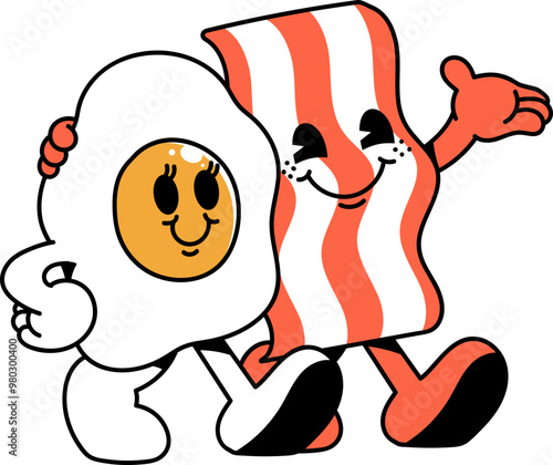 Retro egg and bacon cartoon character illustration vector