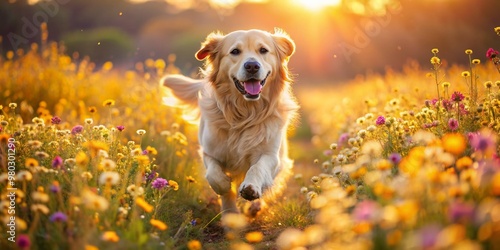 A joyful golden retriever bursts through a vibrant blooming flower field, its fur shining in the sunlight as it runs with unbridled enthusiasm and freedom. photo