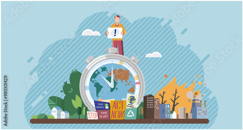 Climate change. Save the planet. Vector illustration Earth pollution cbe mitigated through conscious consumption and waste reduction Choose renewable resources to reduce carbon footprint and fight