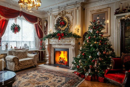 Wallpaper Mural A cozy, festive living room decorated for Christmas with a tree and a warm fireplace. Torontodigital.ca