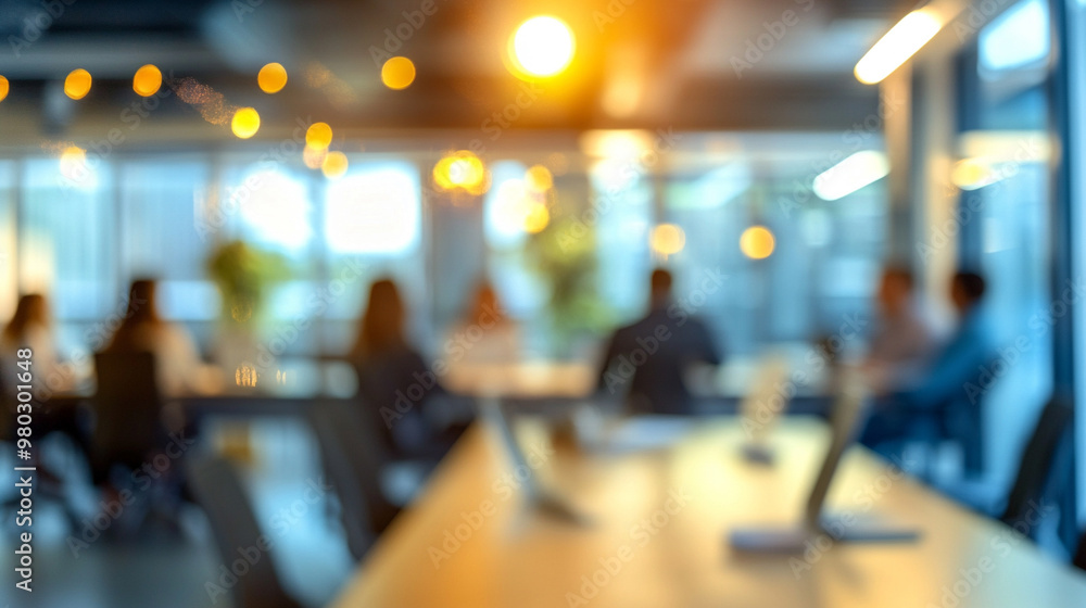 Blurry office meeting scene featuring indistinct figures in a corporate setting. The image symbolizes business discussions, collaboration, teamwork, and decision-making processes in a modern work envi Blurry office meeting scene featuring indistinct figures in a corporate setting. The image symbolizes business discussions, collaboration, teamwork, and decision-making processes in a modern work envi