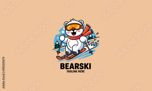 Cartoon bear skiing with goggles and a red scarf