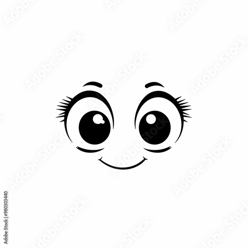 A minimalist vector icon featuring two large cartoon eyes with a friendly smile. The design showcases a simple line style that captures a joyful emotion