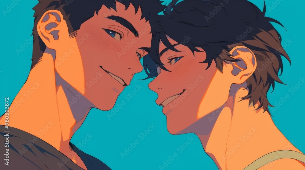Two Men Looking at Each Other with Affectionate Eyes Against a Blue Sky and Fence Walls, Smiling Happily with Shy Blush Two Men Looking at Each Other with Affectionate Eyes Against a Blue Sky and Fence Walls, Smiling Happily with Shy Blush