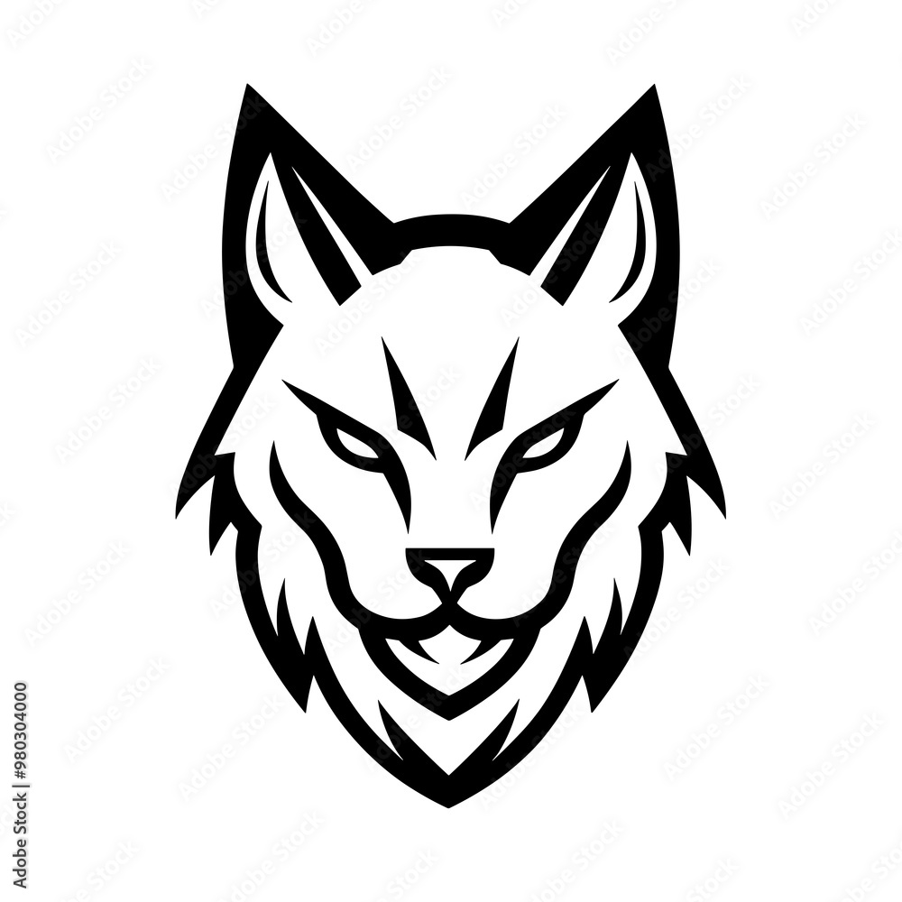 Fototapeta premium A minimalist black line icon portrays a wolf's head with sharp features, perfect for use in graphic design and branding projects
