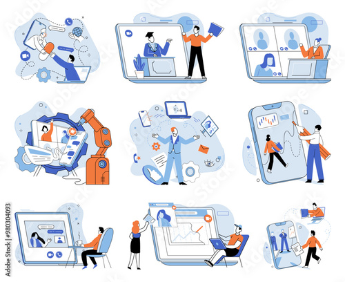 Online video meeting. Vector illustration. Distance is overcome through technology in international online video meetings Education embraces online video meeting concepts for remote learning