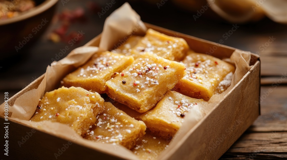 Traditional soan papdi served in a box with plenty of copy space for greetings or promotional text. Traditional soan papdi served in a box with plenty of copy space for greetings or promotional text.