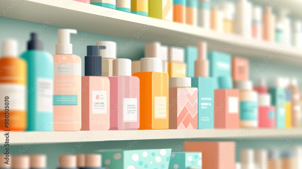 Vibrant Beauty Cosmetics Aisle with Customer Reaching for Product - Digital Illustration with Dynamic Shopping Atmosphere Vibrant Beauty Cosmetics Aisle with Customer Reaching for Product - Digital Illustration with Dynamic Shopping Atmosphere