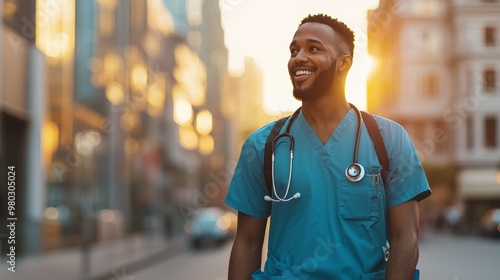 Mobile Medical Professional - Travel Nurse Exploring Urban Landscape with Stethoscope in Vibrant City Setting