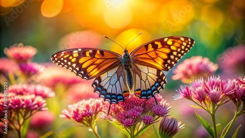 Delicate butterfly with intricate wings sits gracefully on a bright, showy flower, surrounded by soft, blurred foliage, perfect for adding text or captions.